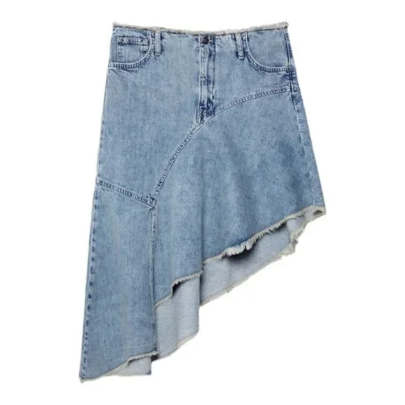 STRADIVARIUS | Blue | ASYMMETRIC DENIM SKIRT WITH RUFFLE TRIM - Picture 2 of 15